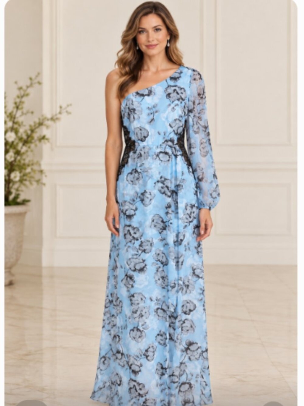 BCBG Sandy One Shoulder Chiffon Light Blue Floral Maxi Gown size 2